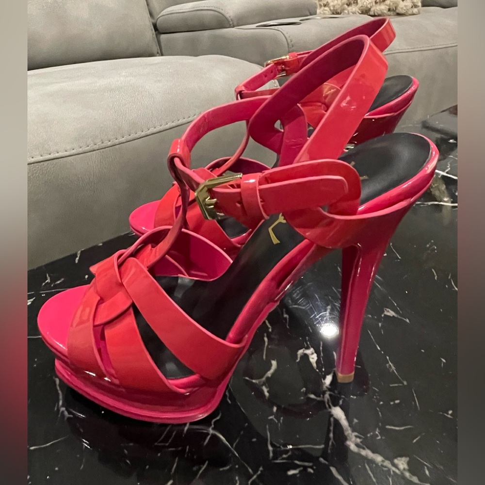 Saint Laurent Hot Pink Patent Leather T-Strap Platform Heels
